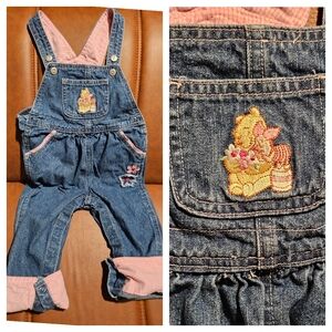 Vtg Winnie The Pooh Denim Embroidered Piglet Y2k Overalls Pink Gingham 18 Months